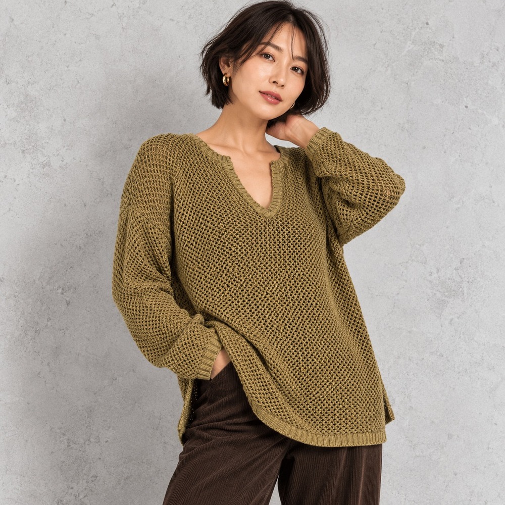 Eddie Bauer Open-Knit Women's Sweater Winter Olive Green Cotton Linen Petite L